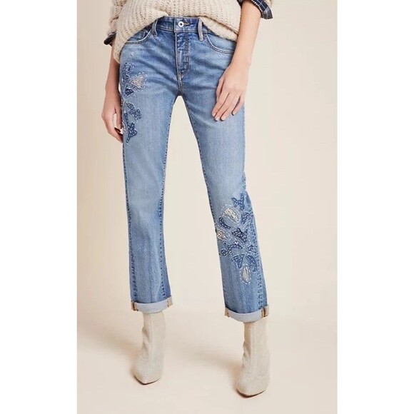 Pilcro High-Rise Embroidered Slim Boyfriend Jeans Size 27 Blue Floral Boho - Picture 1 of 14